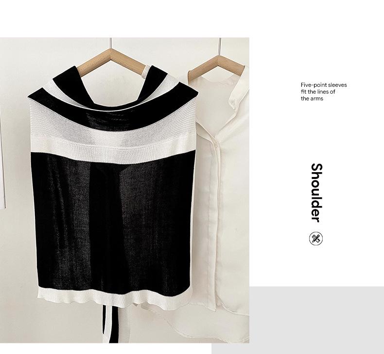 Navy Style Knitted Shawl for Women: Spring/Summer Sun Protection, Air-Conditioned Room Wear, Color Block Design, Fake Collar.