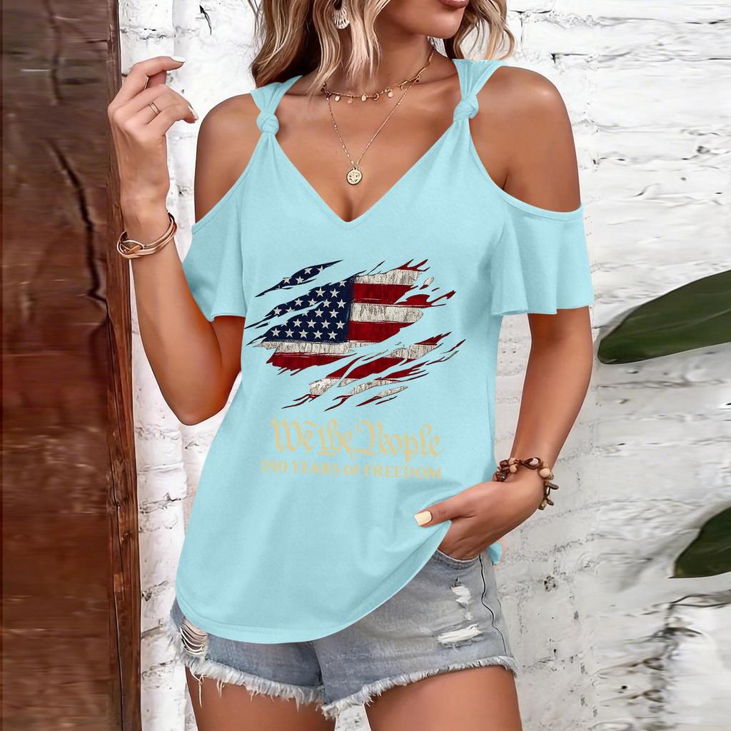 T-shirt décontracté pour femme à épaules dénudées et bretelles à nouer, manches courtes, col en V, imprimé drapeau américain, haut léger d'été