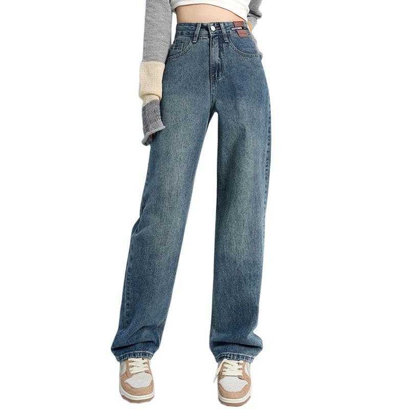 GMXIA Jeans Birnenförmig Lässig Hochtailliert Weitbein Hose Gerade Leder Markendesign Retro Bodenlange Hose Herbst