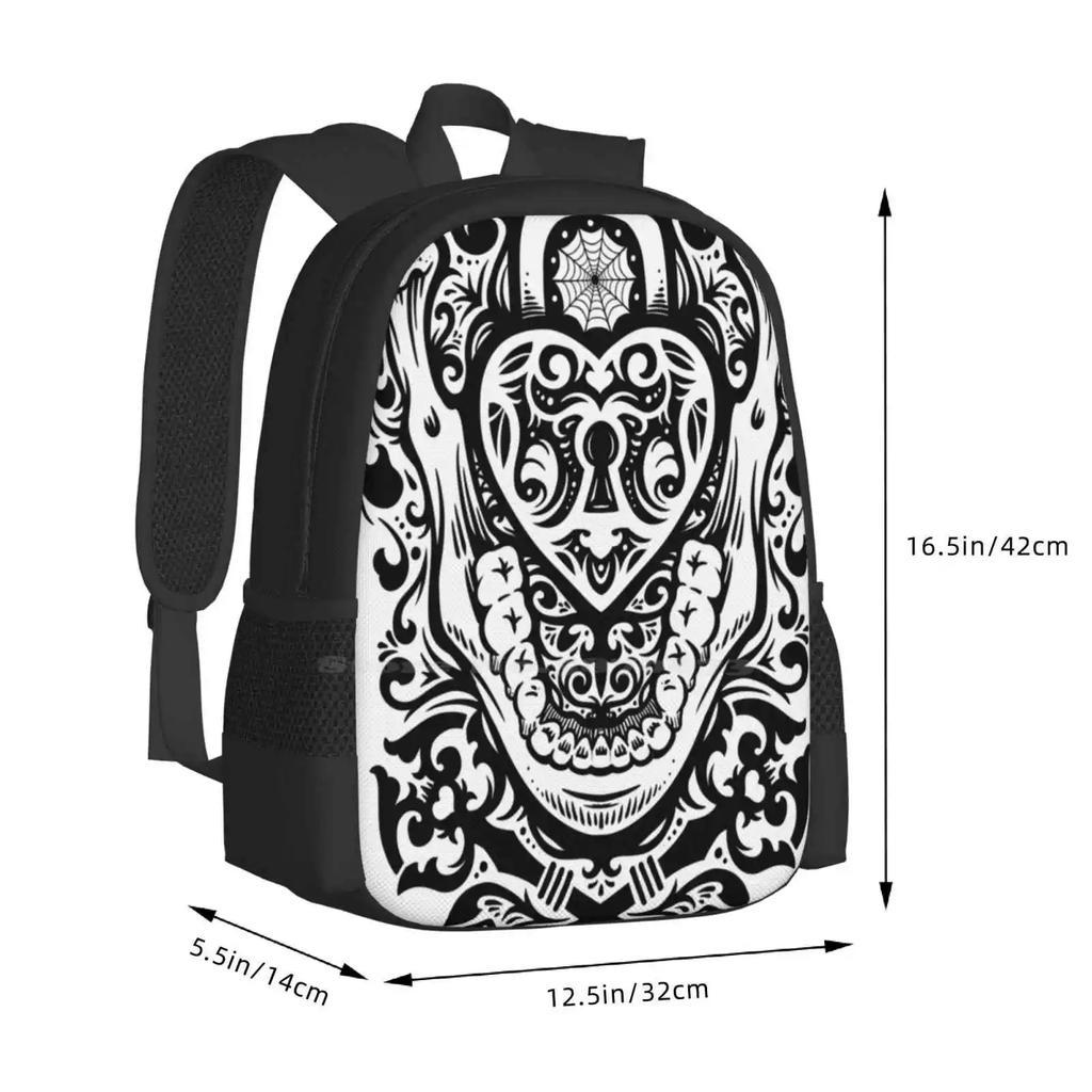 The Key To My Teeth 3d Print Design Backpack Student Bag Skull Bone Heart Key Lock Horror Metal Punk