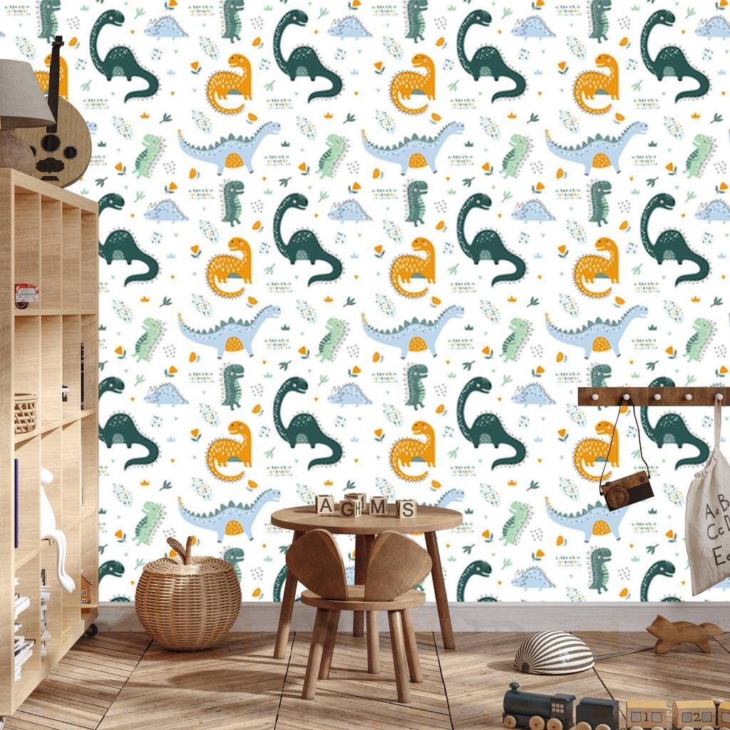 Dinosaurs Leaves and Flowers Wallpaper for Living Room and Bedroom 50x1000
