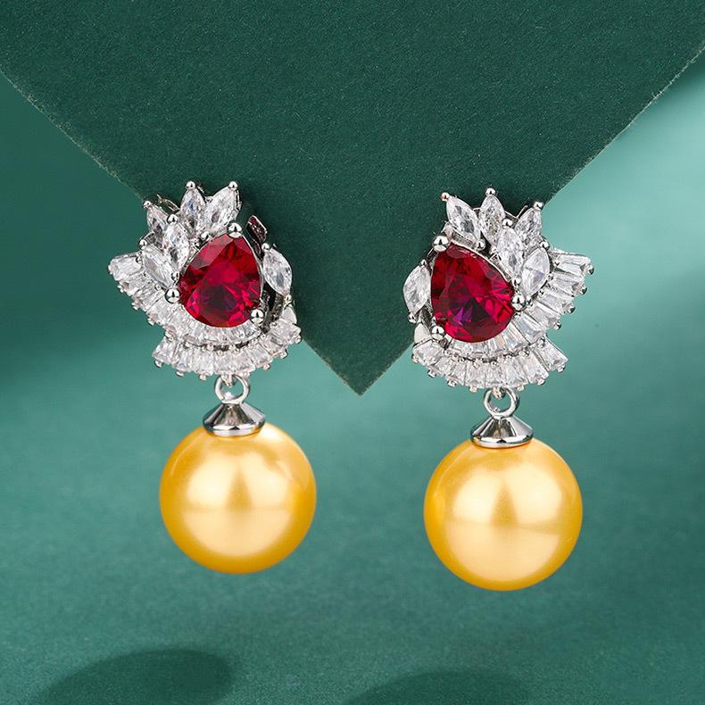 Jewelry high-end earrings inlaid with zircon pearl stud earrings imitation natural pearl earrings silver needles