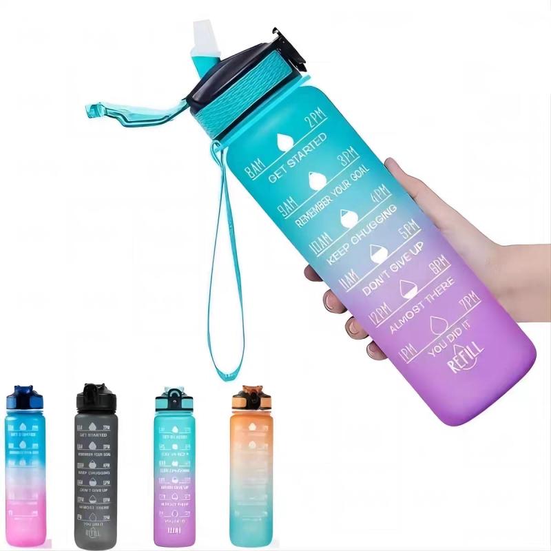 1000ml Large Capacity Gradient Water Bottle with Straw 1 Litre Leakproof with Time Marker,for Sports Fitness