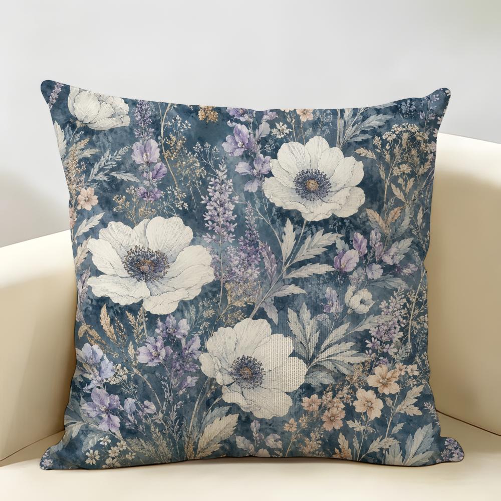 American-stylevintage Large Flowers Cushion Cover Natural Linen Throw Pillow Cover Wrinkle-Resistant Soft Machine Washable