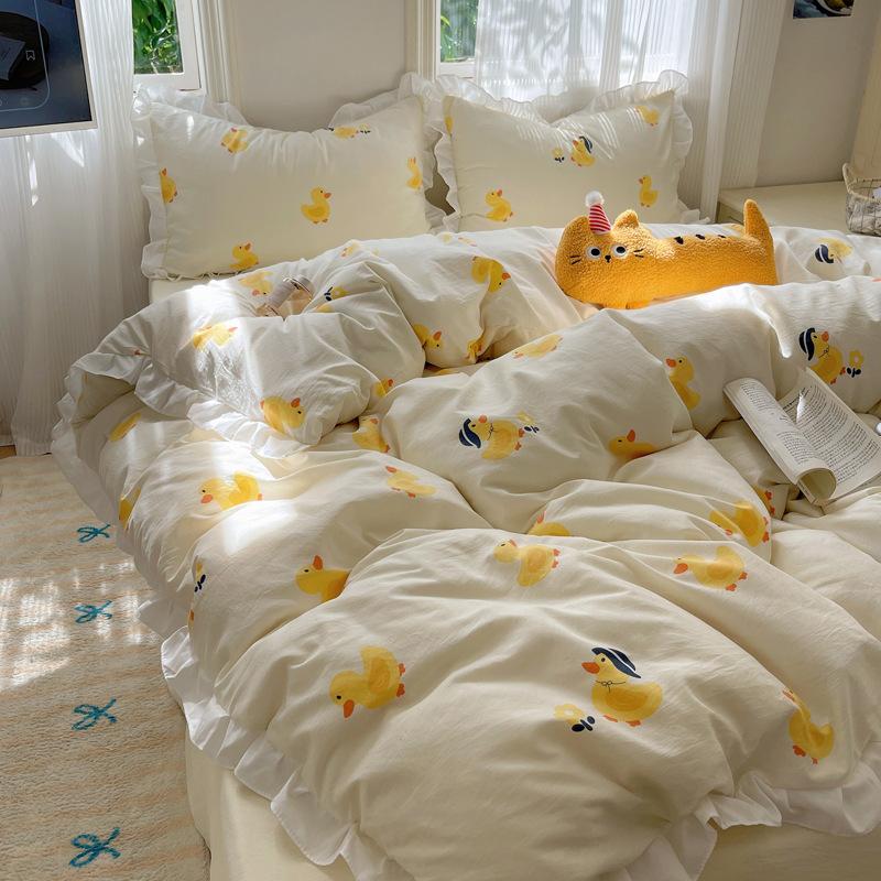 Class A Maternal And Infant Grade Lace Super Soft Washed Cotton4-Pcs Set, Household High-End Bed Sheet Quilt Cover 60 Pcs