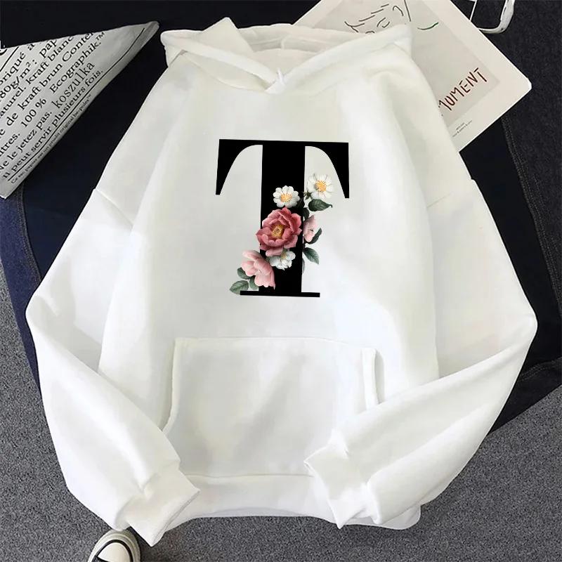 Letter A-Z Printed Womens Hoodies Casual Sweatshirts Sportswear Outdoors Sports Jogging Woman Clothing White Fashion Street Tops