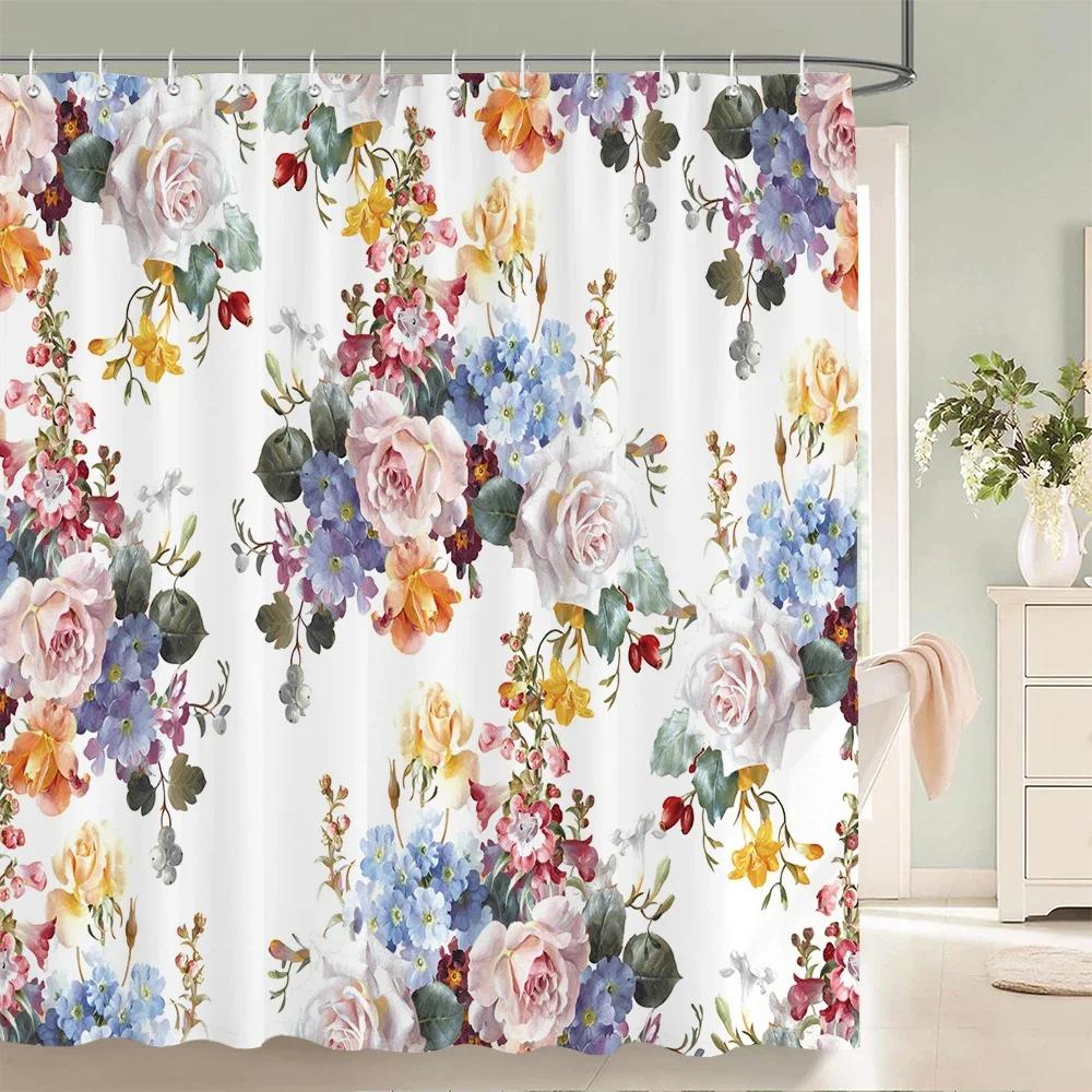 Elegant Floral Flowers Retro Rose Shower Curtain Polyester Bath Curtain Bathroom Decor Washable With Hook
