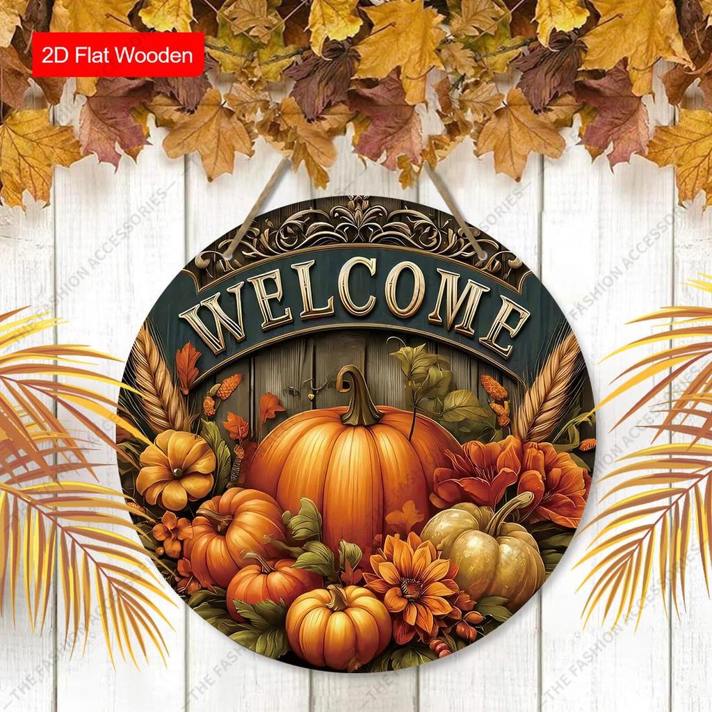 Welcome Pumpkin Fall Round Wooden Hanging Sign, Autumn Door Wall Decor