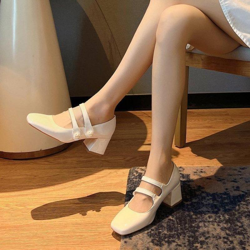 Elegant Women High Heel Pumps Patent Leather High Heels Shoes Chunky Heels Mary Jane Shoes Women Double Ankle Strap Shoes Women