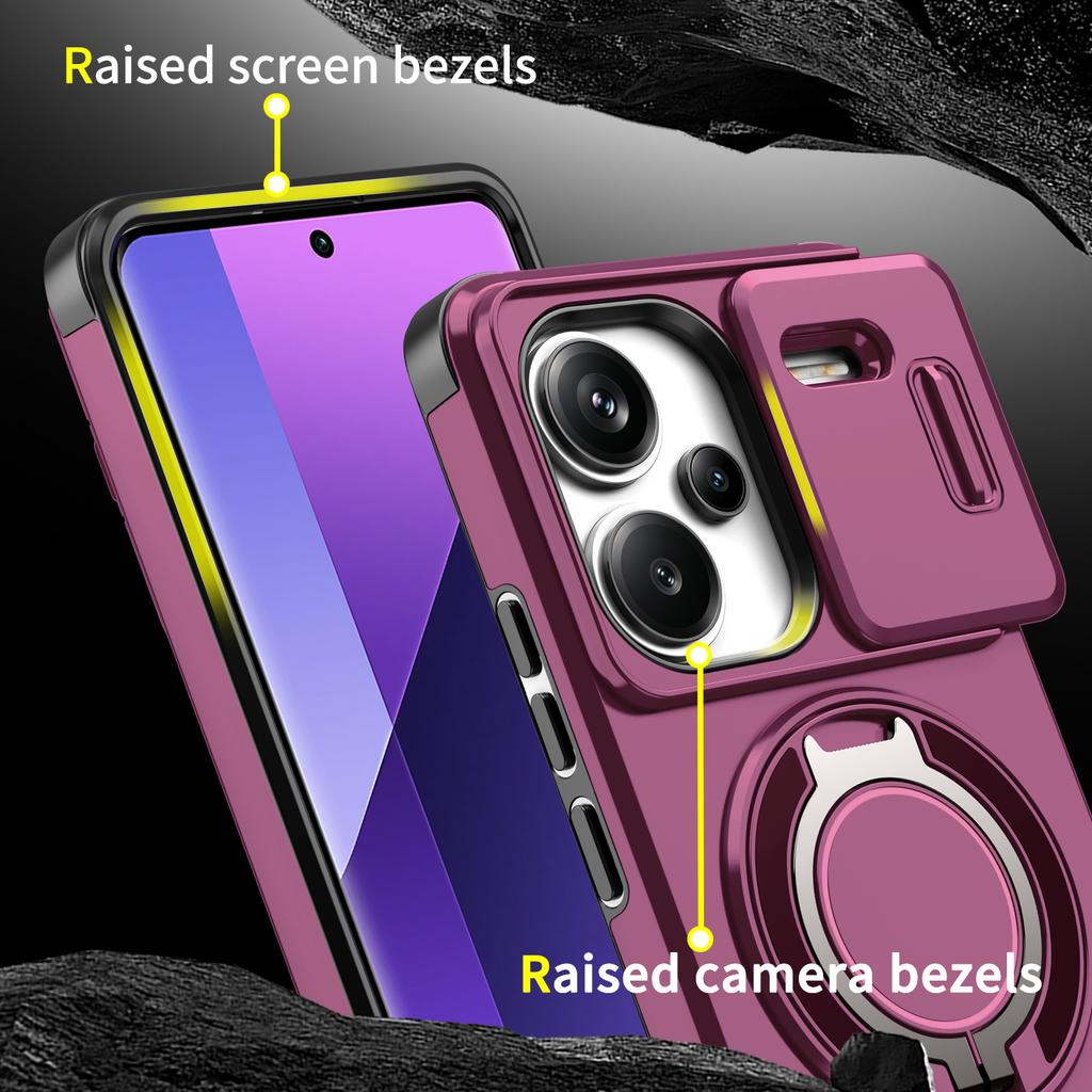 Magnetic Metal Ring Stand Armor Case For Xiaomi Redmi Note 13 Pro Plus 5G Slide Push Window Lens Protection Phone Cover Shell