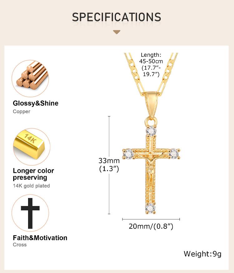CZ Cross of Jesus Christ Crucifix Pendant Necklace, Figaro Chain Adjustable, Women Catholic Jewelry