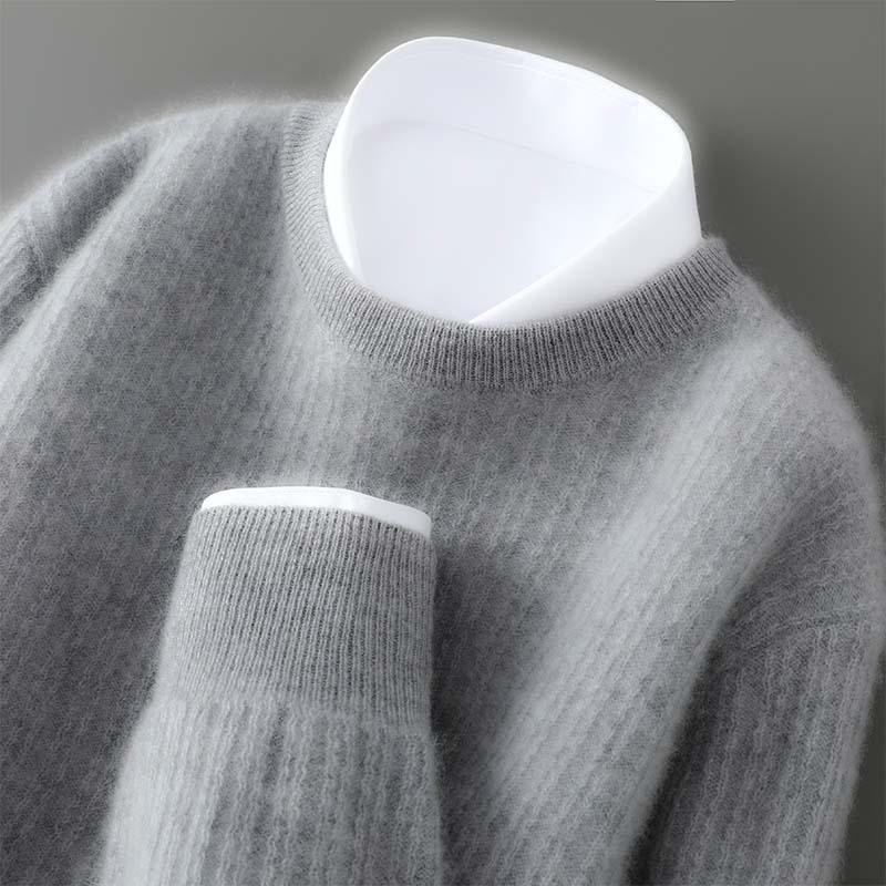Men's Casual Round Neck Jacquard Wool Sweater - Loose Fit Pullover