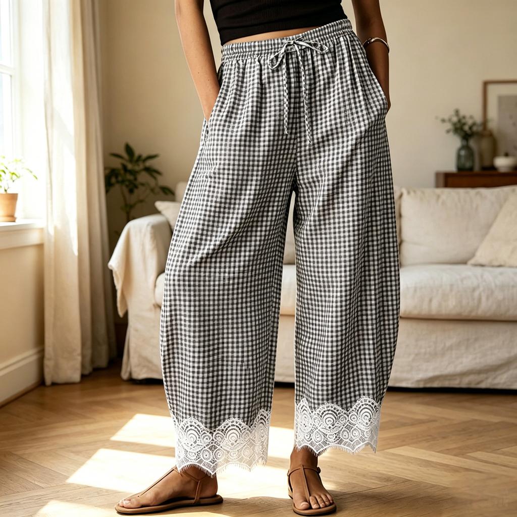 Pantaloni a Quadri Larghi da Donna con Vita Elastica e Bordi in Pizzo per Uso Quotidiano Casual