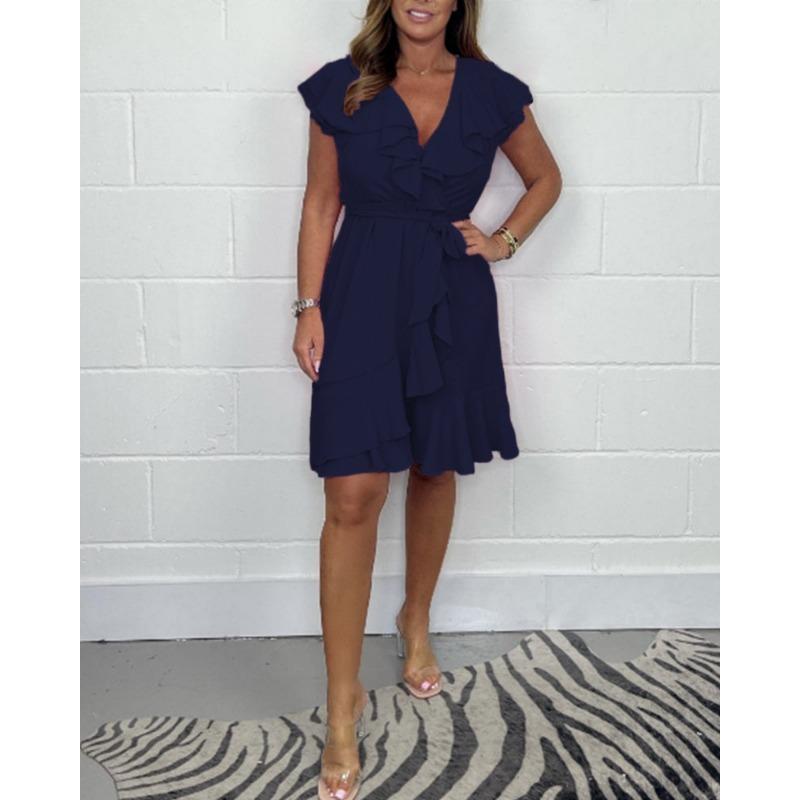 2025 Sommer Rüschen V-Ausschnitt Mode Kurzes Kleid Schlanke Taille Einfarbig Übergröße Elegant Locker Party A-Linien-Kleider Basic Damen Frauenkleidung