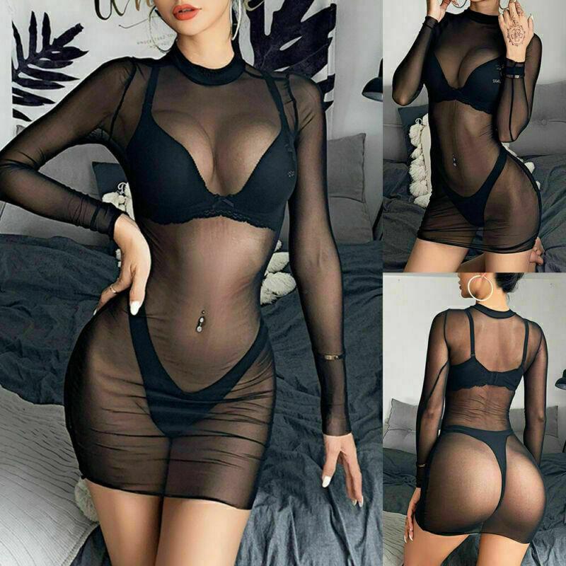 Bodycon Tight Dress Women Sexy Solid Color Long Sleeves See-through Pajamas