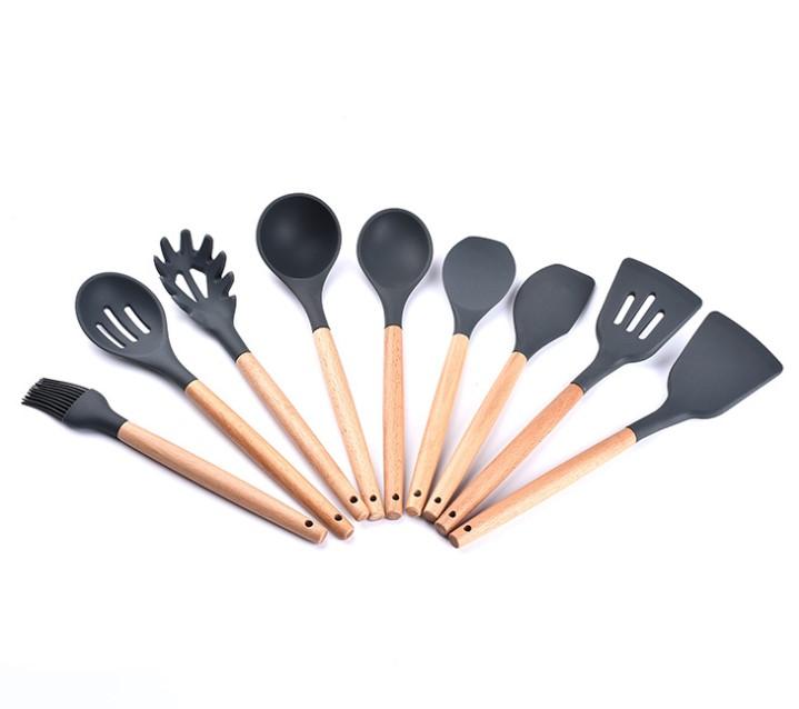 Heat Resistant Silicone Kitchen Utensils Set with Wooden Handle for Nonstick Cookware