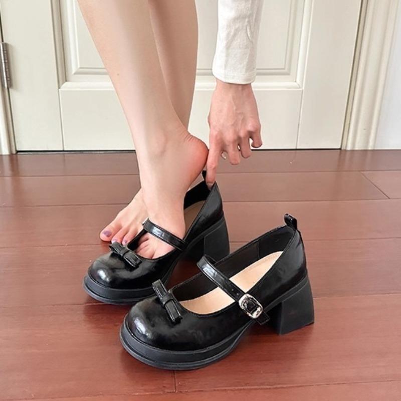 Fashion One Bow Mary Janes Women's Fashion Round Toe Shallow Mouth Platform Non-Slip Block Heel Single Shoes