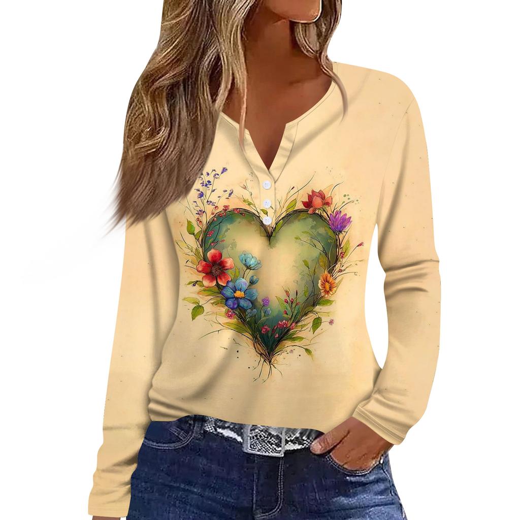 Damen T-Shirt mit V-Ausschnitt, lässig, Blumendruck, langärmelig, zum Zuknöpfen, langärmelig
