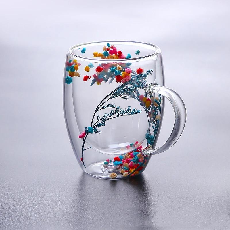 350ml Floral Dry Flowers Cup Double-wall Glass Cup High Borosilicate Heat Resistant Milk Coffee Tea Mug for Friend Birthday Gift 300-350ml