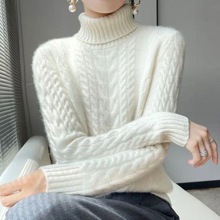 Elegant enfärgad långärmad pullovertröja, Damstickad topp med hög hals, Medium stretch, Normal passform, Höst-/vinterkläder