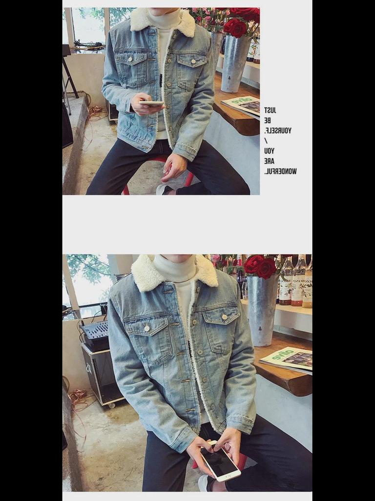 Heren Retro Dikke Winter Denim Jas met Bontkraag en Lamswollen Voering