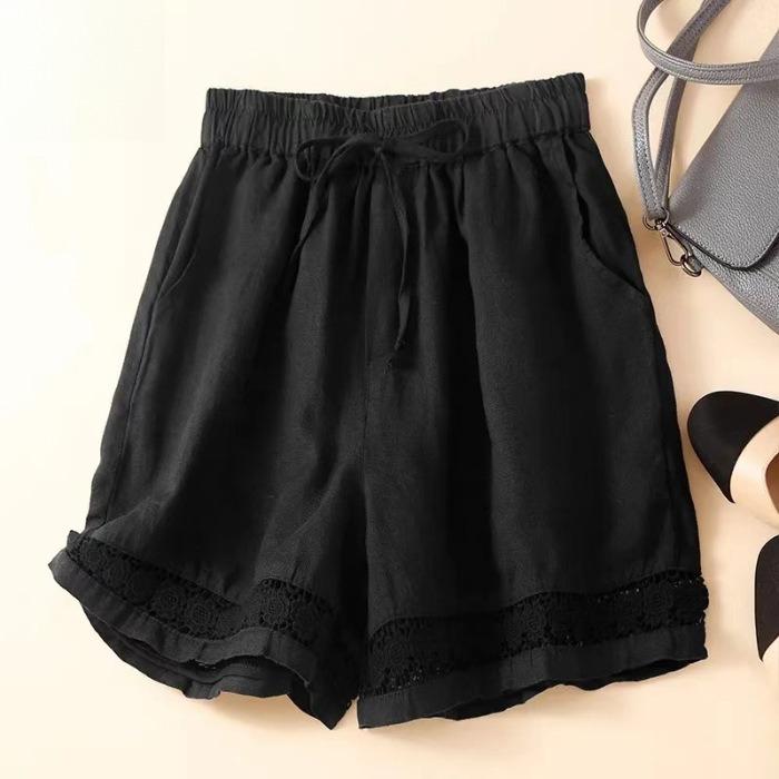 Summer Thin Shorts Women's Retro Hollow Lace Elastic Waist Casual Pants Loose All-match Wide-leg Cotton and Linen Pants