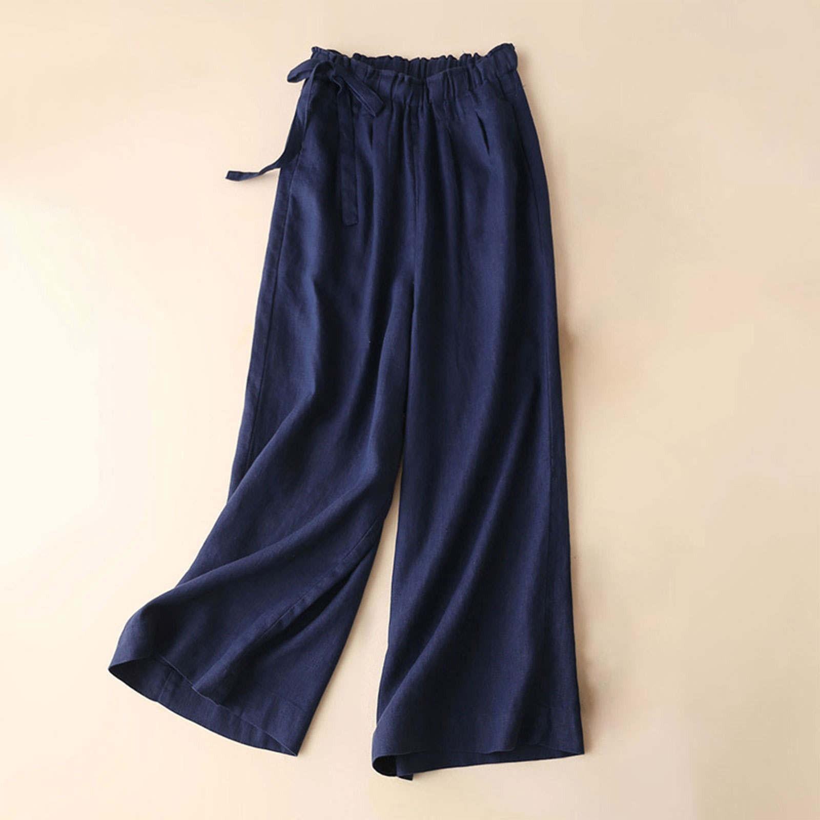 

Жіночі широкі штани Palazzo з бавовни та льону. Штани-капрі з високою талією на резинці XXL Темно-синій