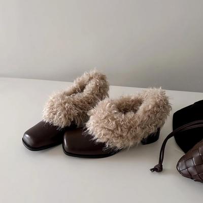 Square-toed Shoes, A Pair of Retro Fleece Warm Shoes, Cotton Shoes and Chunky Single Shoes