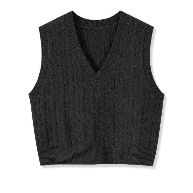 Women's Korean Style V-Neck Cable Knit Sleeveless Sweater Vest for Autumn/Spring