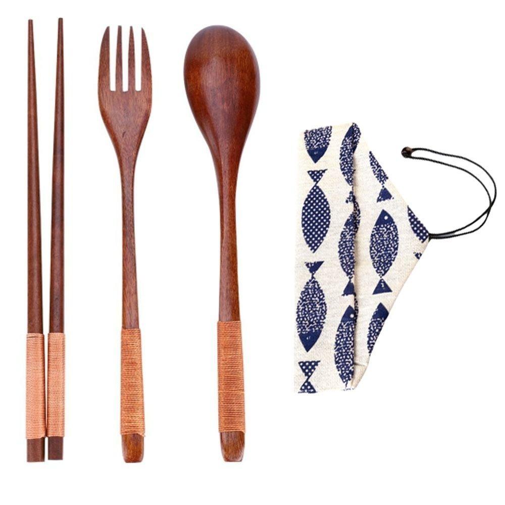 3 Pcs/Set Durable Lightweight Wooden Chopsticks Set Reusable With Thread Portable Tableware Set Wooden Flatware Set Travel Use