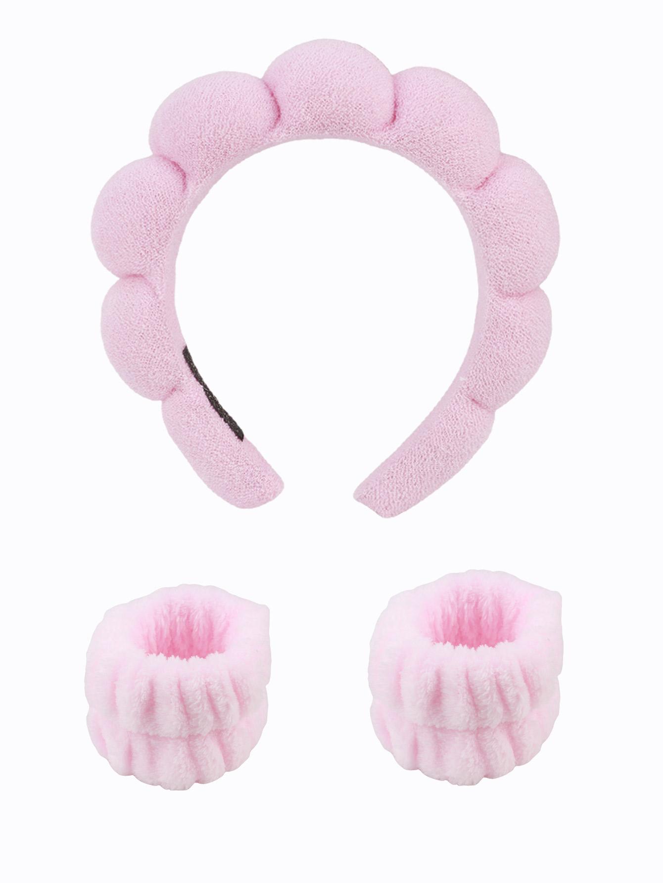 

Повязка на голову Sponge Spa с напульсниками для умывания лица Широкая мягкая повязка для ухода за кожей, снятия макияжа, душа для женщин, девушек розовый