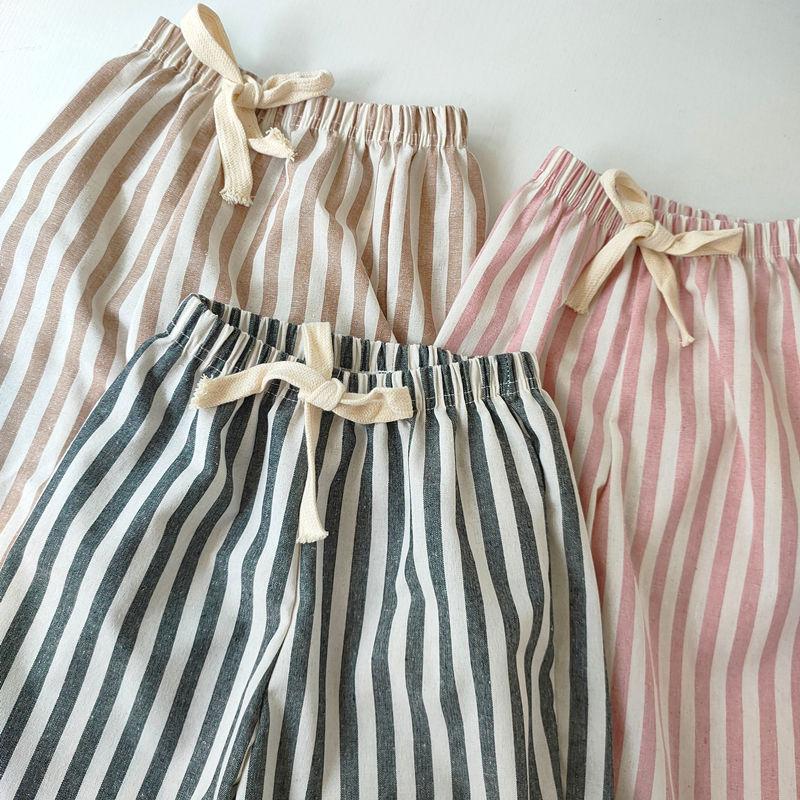 Children's Cotton and Linen Striped Cropped Pants Summer Girls' Loose Striped Pants Casual Lace Up