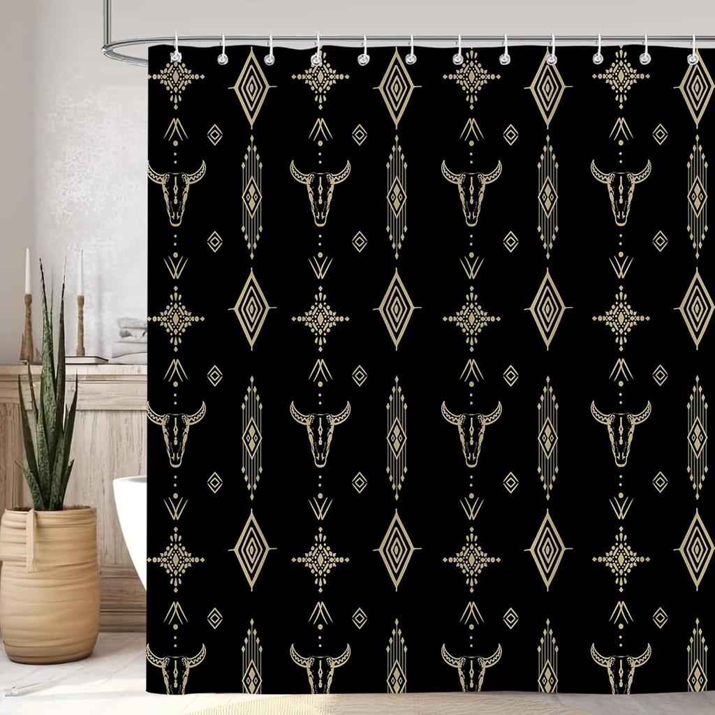 Western Shower Curtain Farmhouse Country Style with Cow Skull Southwest Design, Waterproof Polyester Bath Curtain with 12 Hooks