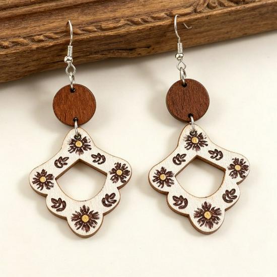 Retro Geometric Floral Wooden Earrings