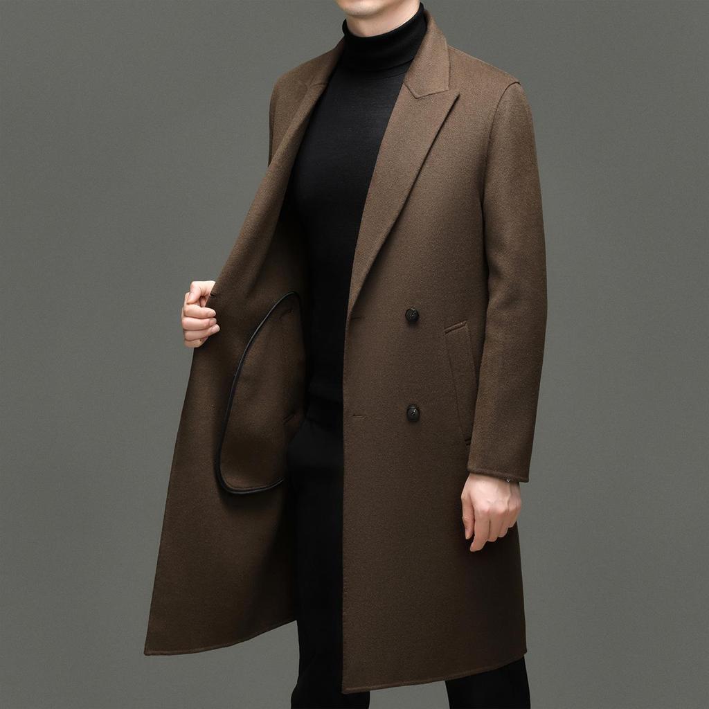 Men's 100% Wool Double-Faced Double-Breasted Lapel Collar Business Casual Long Coat