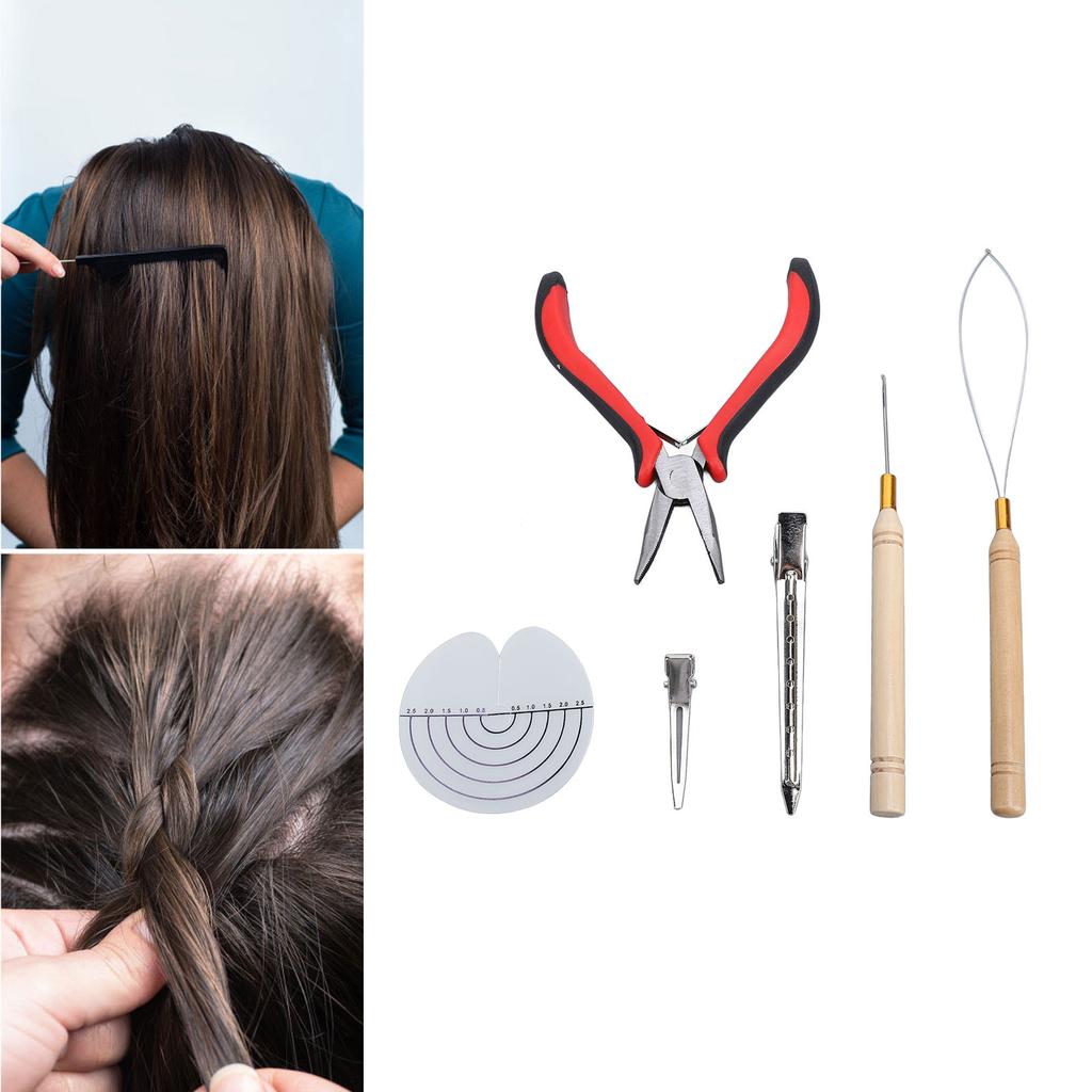 Micro Rings Bead Device Tool Kit Wooden Handle Pulling Hook Needle Hair Extensions Bead Spacer Template Set