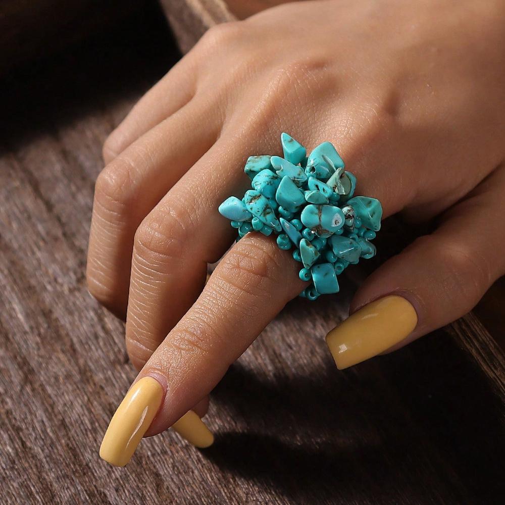 Handmade Bohemian Style Crushed Stone Woven Stretch Bead Wide Ring, Natural Stone Ring, Women's Everyday Casual Jewelry.