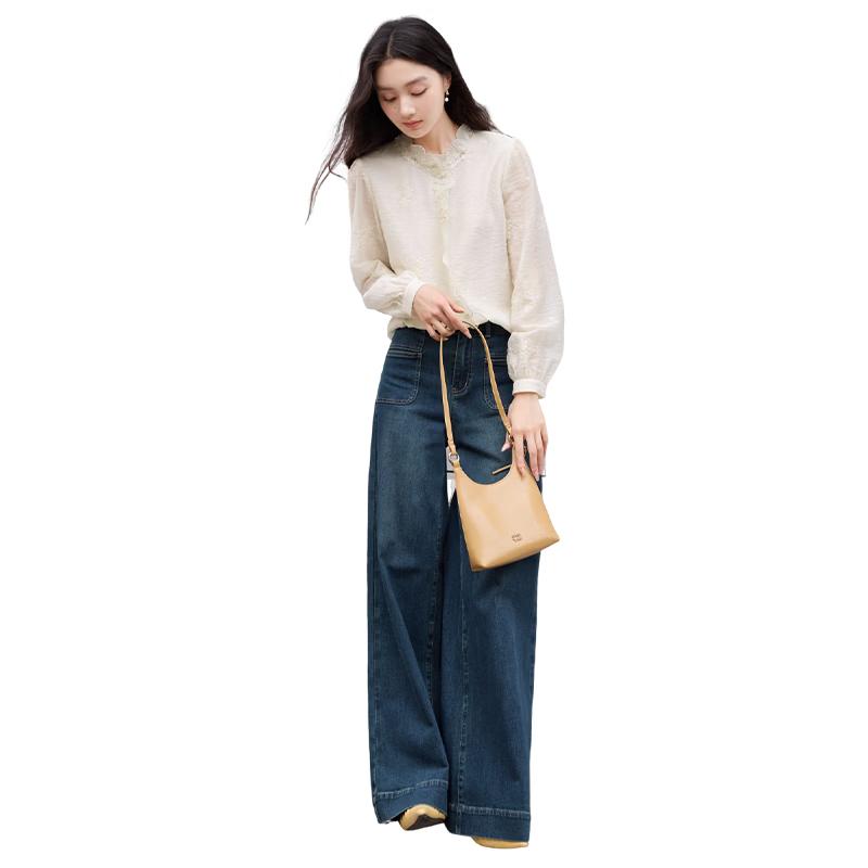 Women s Elegant Lyocell Tencel Stand Collar Embroidered Long Sleeve Shirt L
