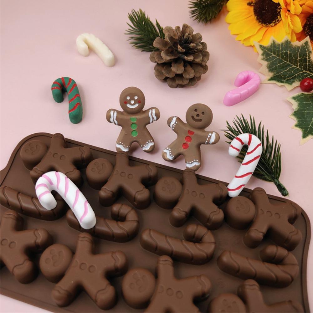 3 Cavity Gingerbread Man Chocolate Silicone Mold Walking Stick Candy Biscuit Making Christmas Ice Tray Cake Decor Baking Tool