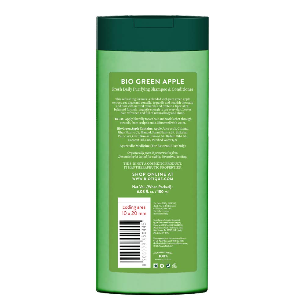 Biotique Bio Green Apple Fresh Daily Purifying Shampoo and Conditioner for Oily Scalp and Hair, 180m And Almond Oil Ultra Rich Body Wash, Botanica