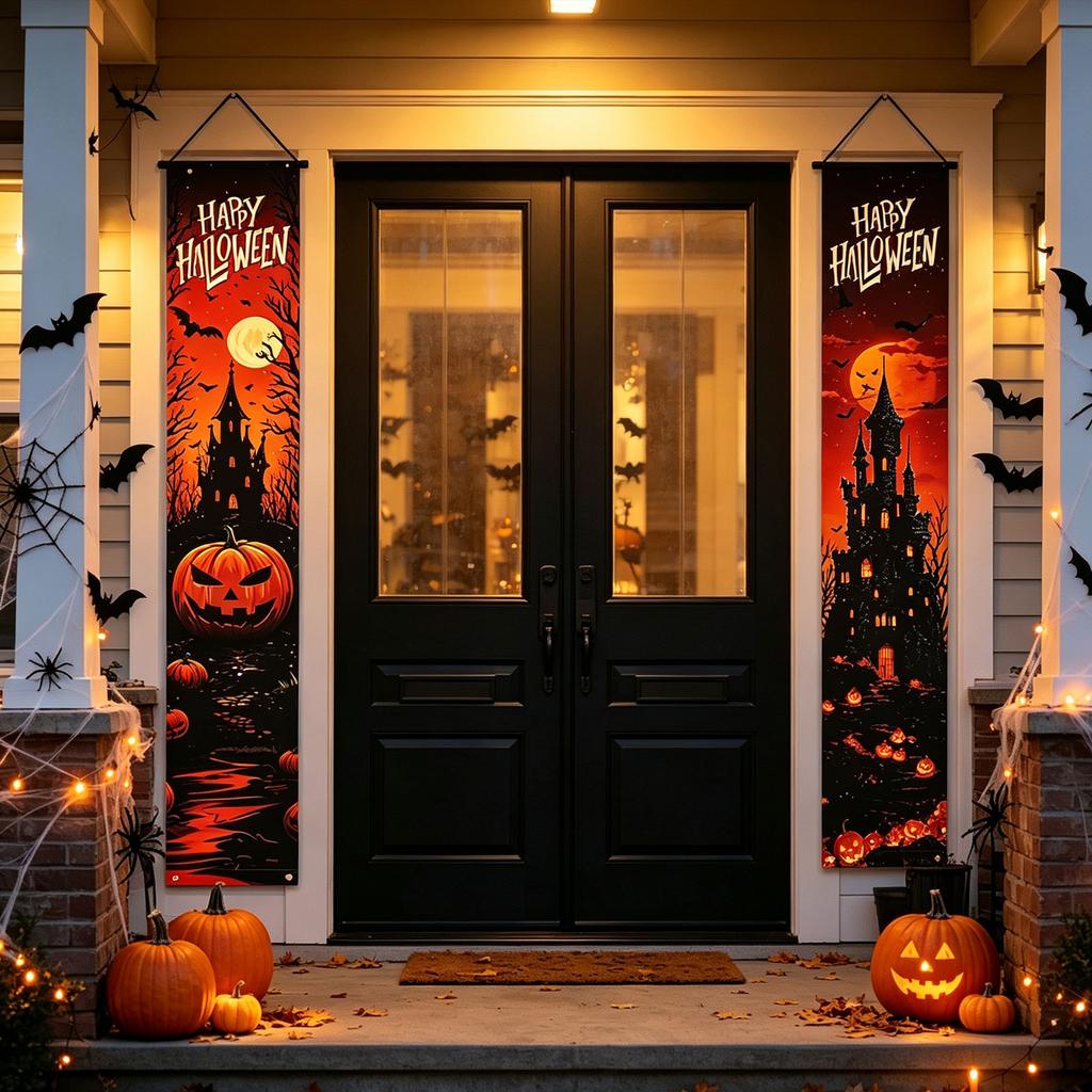 Set - Pumpkin Flag and Door Curtain for Porch Party Outdoor Decor
