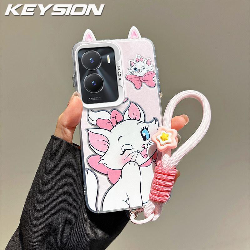 

KEYSION Cute Ear Cartoon Case for VIVO Y16 Y02S with Lanyard Soft Silicone+PC Shockproof Phone Back Cover for VIVO Y02S Y16 for VIVO Y02S