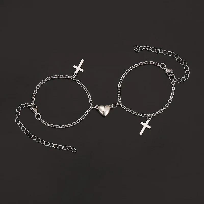 Fashion Simple Heart Shape Magnetic Couple Bracelet Silver Color Personality Vintage Women Man Promise Bracelet Lover Jewelry