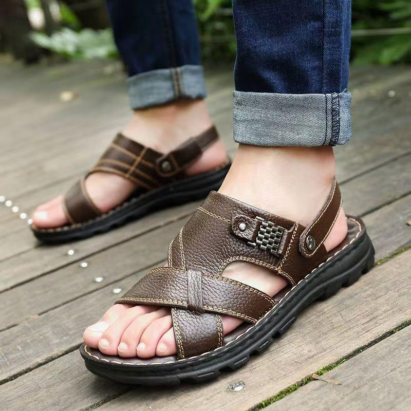Men's Sandals Summer New Non-slip Soft-soled Faux Leather Also Genuine Leather Beach Men's Cool Slippers Waterproof Summer Men's Shoes