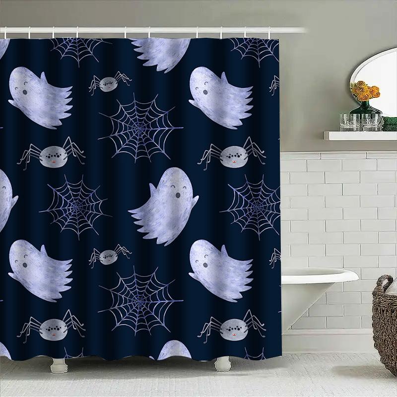 Halloween-Themed Shower Curtain Featuring Cute Ghosts And Spiders Navy Blue Waterproof Fabric For Bathroom Decor