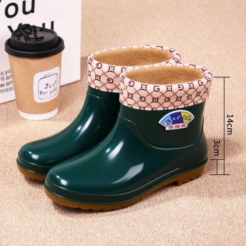 Rain shoes adult beef tendon sole velvet rain boots fashionable waterproof shoes women's nonslip midtube overshoes keep warm in rainy days