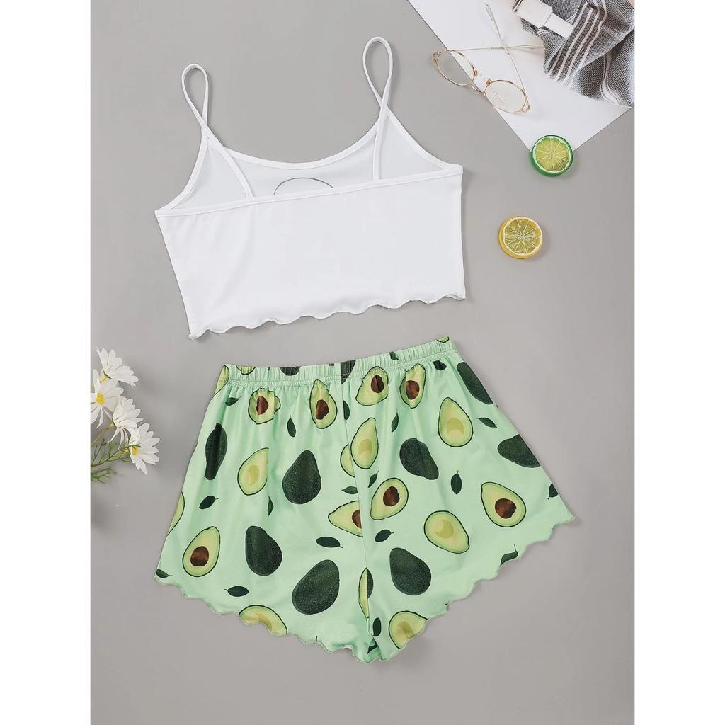 Letní pyžamový set pro ženy Avokádový potisk Tílko se šortkami Ležérní Sexy prádlo Noční košilka Domácí oblečení Spací oděv Spodní prádlo