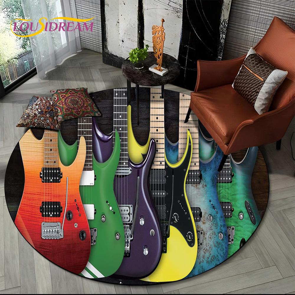3D E-Gitarre Klassische Gitarre Musik Runder Teppich Teppich für Wohnzimmer Schlafzimmer Kinderzimmer Dekor, Haustierbereich Teppich Rutschfeste Bodenmatte