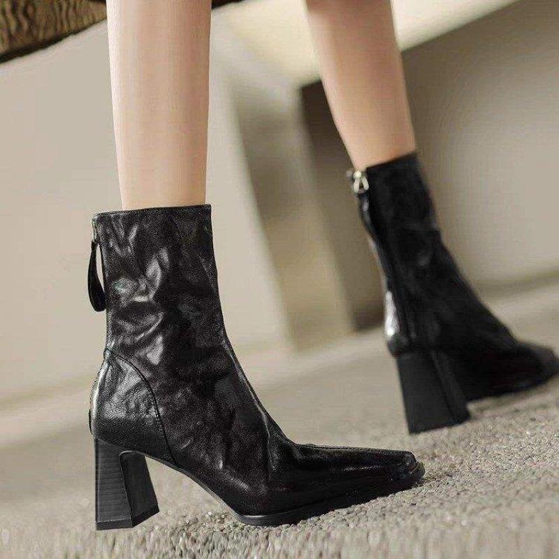 Retro fashion square head thick heel short boots women's 2025 autumn and winter new soft leather high heel versatile thin Martin boots