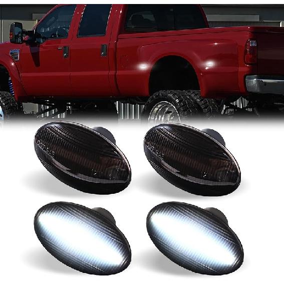 LED Dually Bed Fender Side Marker Lights For 1999-2010 Ford F250 F350 F450 F550 Super Duty Trucks Smoked Len (White Led)